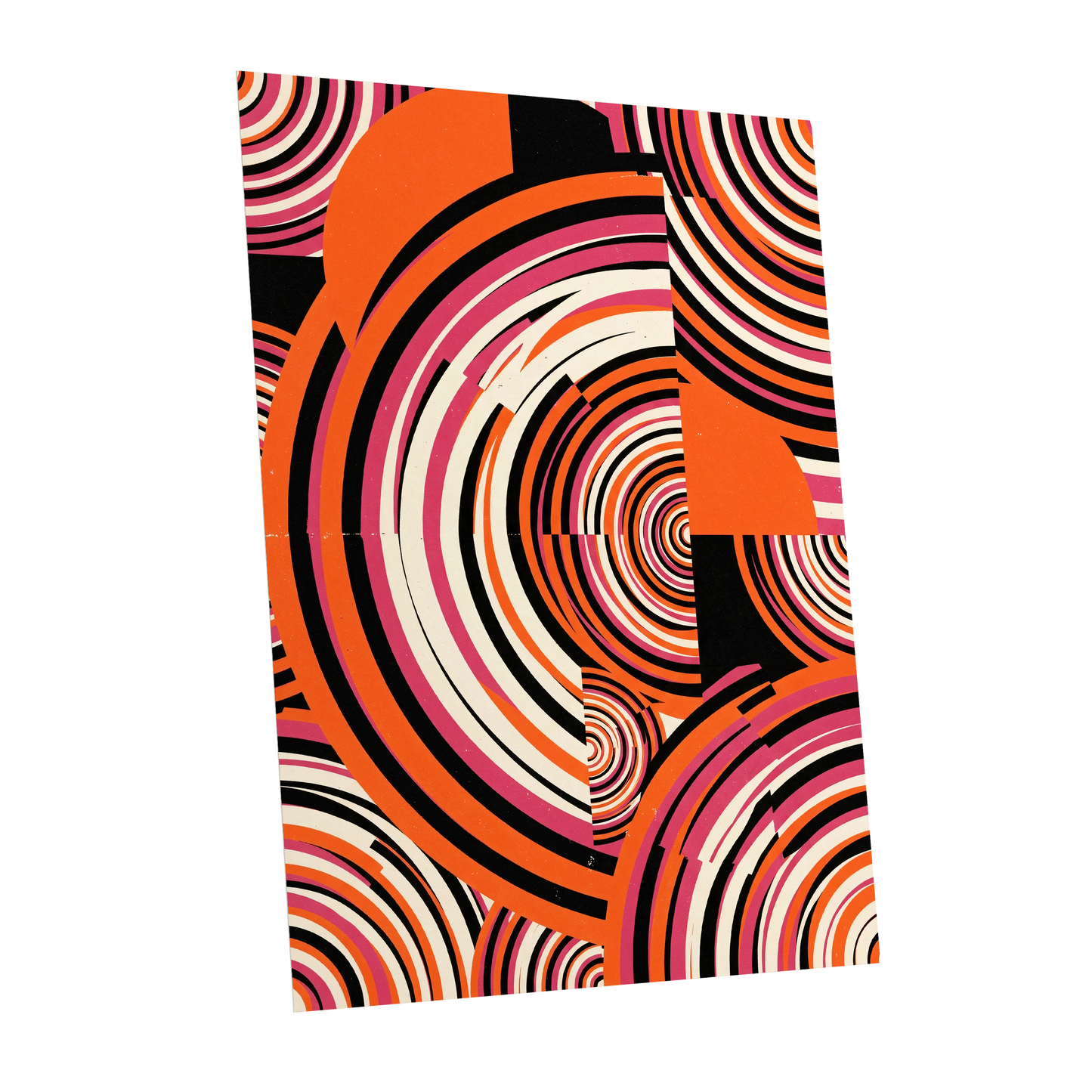 Retro Orbit Rhythm, orange, black, pink abstract wall art shown as a unframed poster wall art print