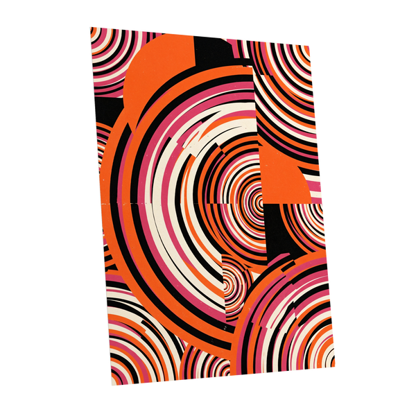Retro Orbit Rhythm, orange, black, pink abstract wall art shown as a unframed poster wall art print