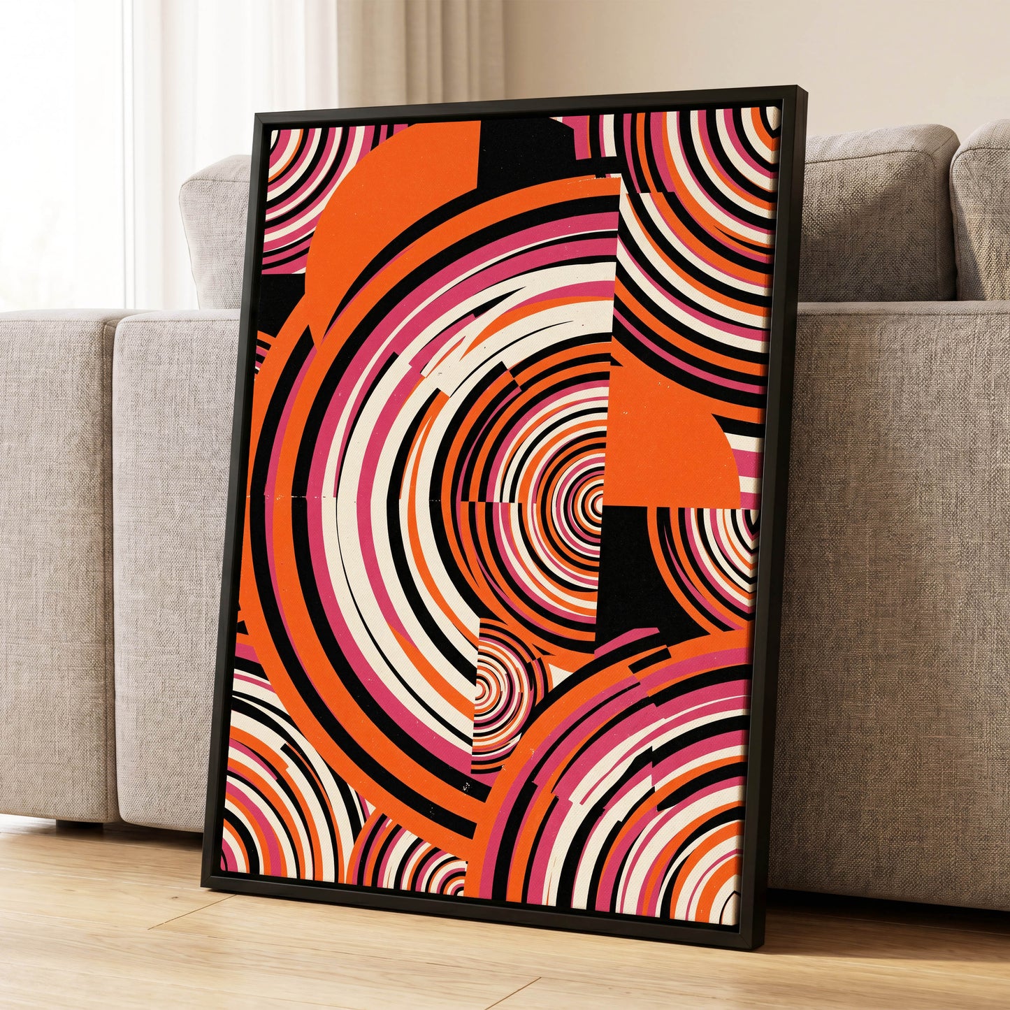 Retro Orbit Rhythm, orange, black, pink abstract wall art displayed in a styled interior, gallery view 1