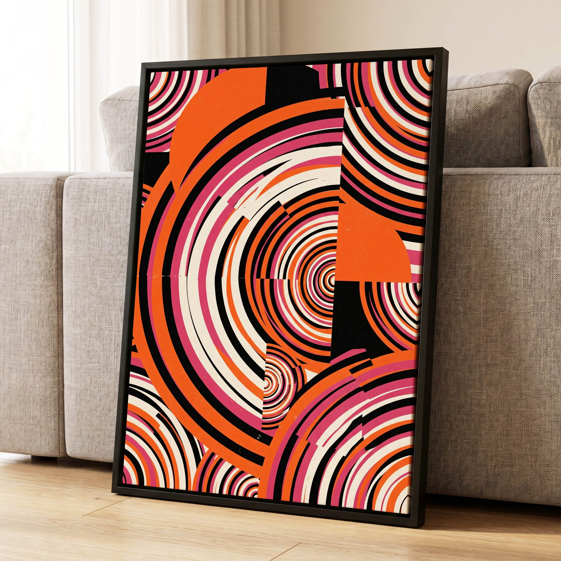 Retro Orbit Rhythm, orange, black, pink abstract wall art displayed in a styled interior, gallery view 1