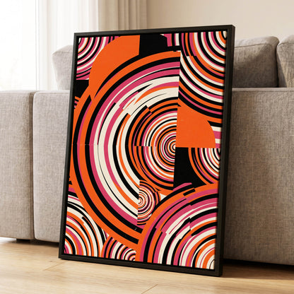 Retro Orbit Rhythm, orange, black, pink abstract wall art displayed in a styled interior, gallery view 1