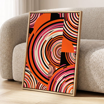 Retro Orbit Rhythm, orange, black, pink abstract wall art displayed in a styled interior, gallery view 2
