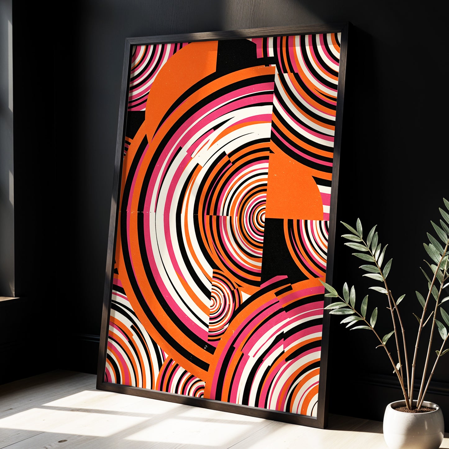 Retro Orbit Rhythm, orange, black, pink abstract wall art displayed in a styled interior, gallery view 3