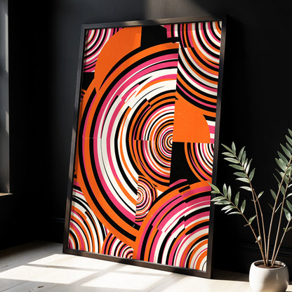 Retro Orbit Rhythm, orange, black, pink abstract wall art displayed in a styled interior, gallery view 3