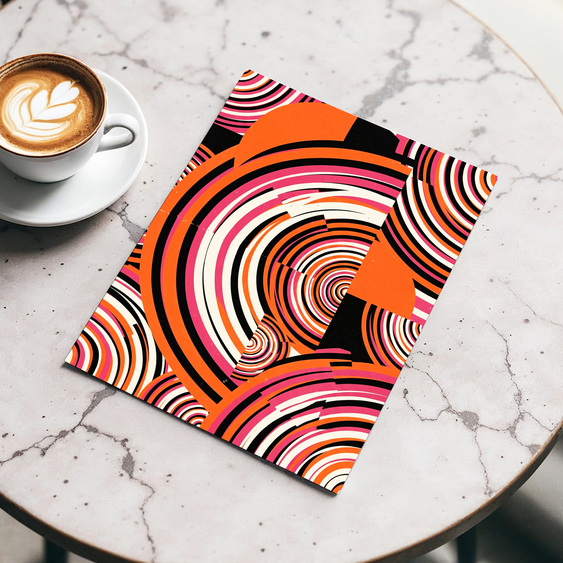 Retro Orbit Rhythm, orange, black, pink abstract wall art displayed in a styled interior, gallery view 4