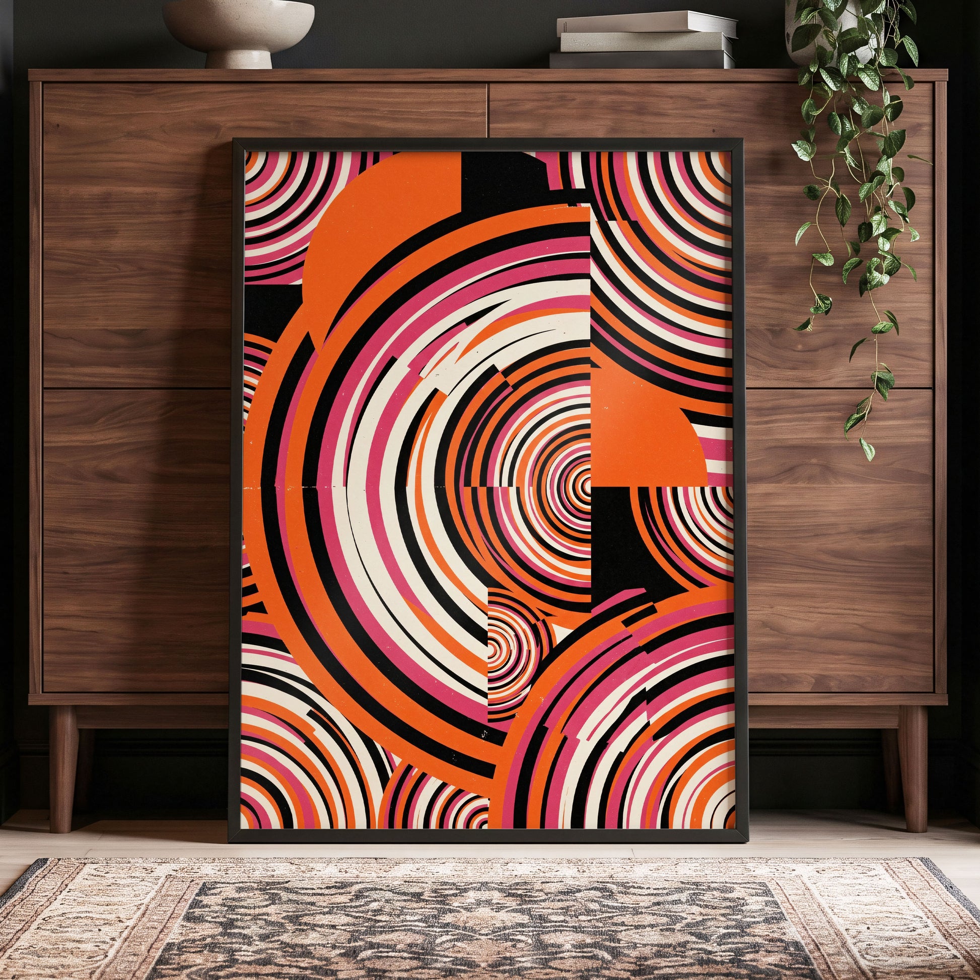 Retro Orbit Rhythm, orange, black, pink abstract wall art displayed in a styled interior, gallery view 5