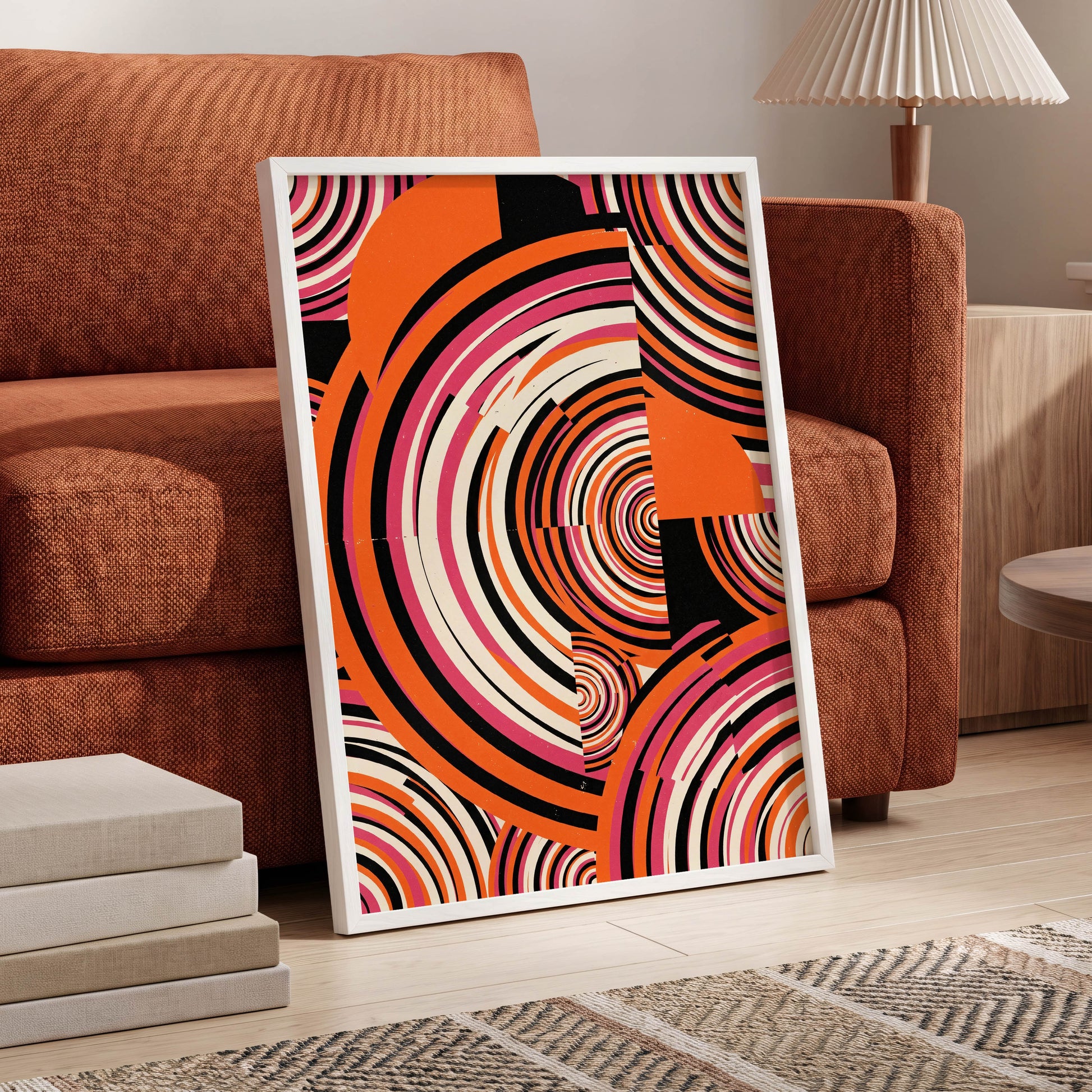 Retro Orbit Rhythm, orange, black, pink abstract wall art displayed in a styled interior, gallery view 6
