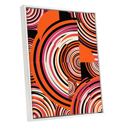 Retro Orbit Rhythm, orange, black, pink abstract wall art shown as a white framed canvas wall art