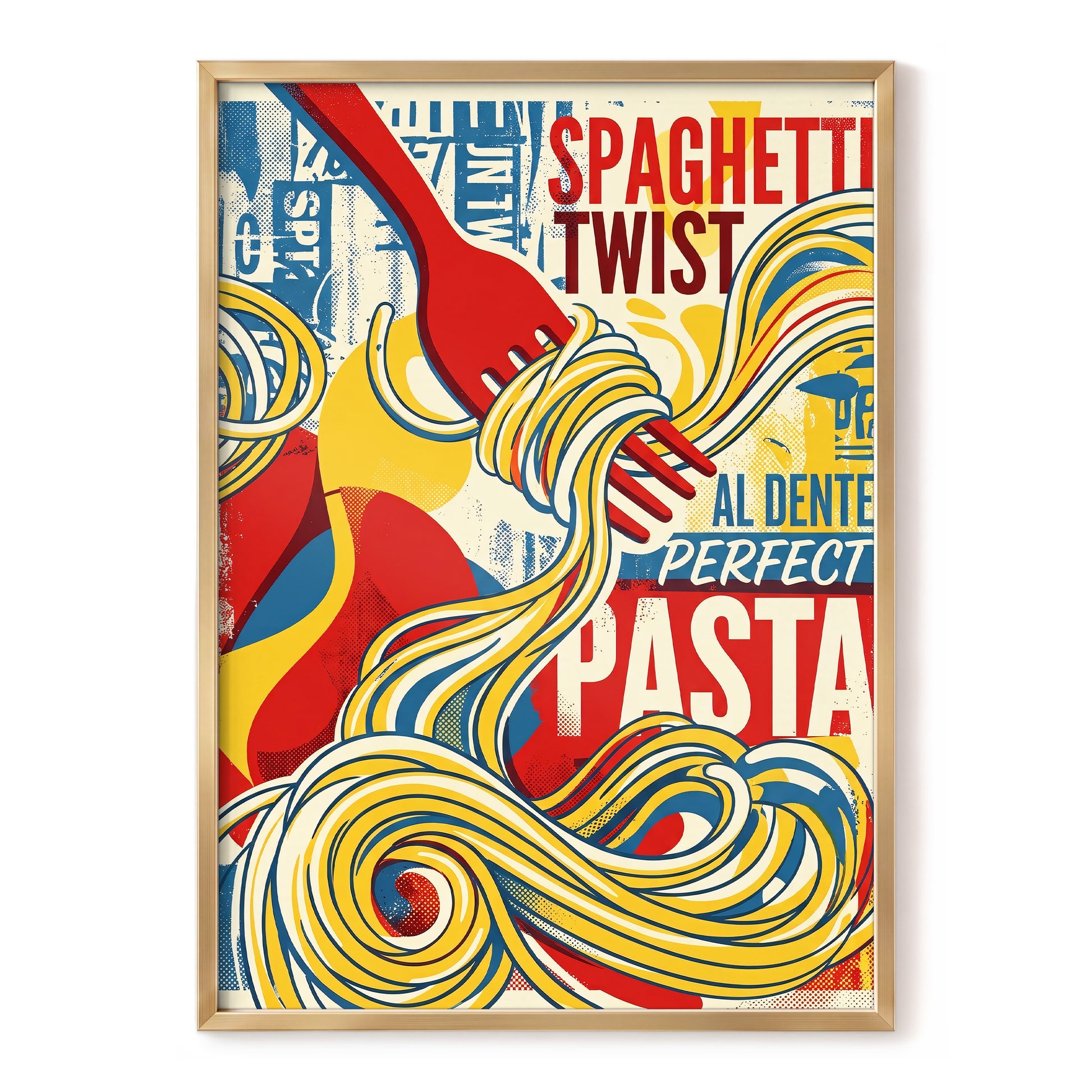Retro Pasta Twirl, yellow, red, blue abstract wall art, front artwork view