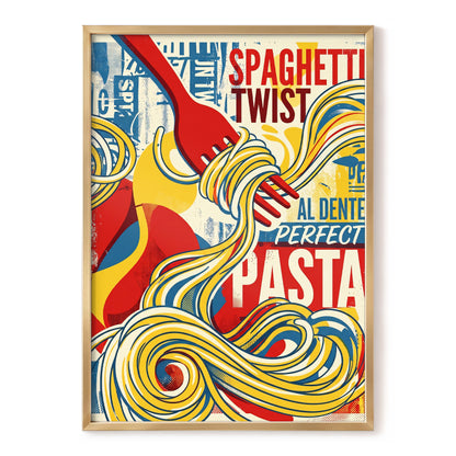 Retro Pasta Twirl, yellow, red, blue abstract wall art, front artwork view