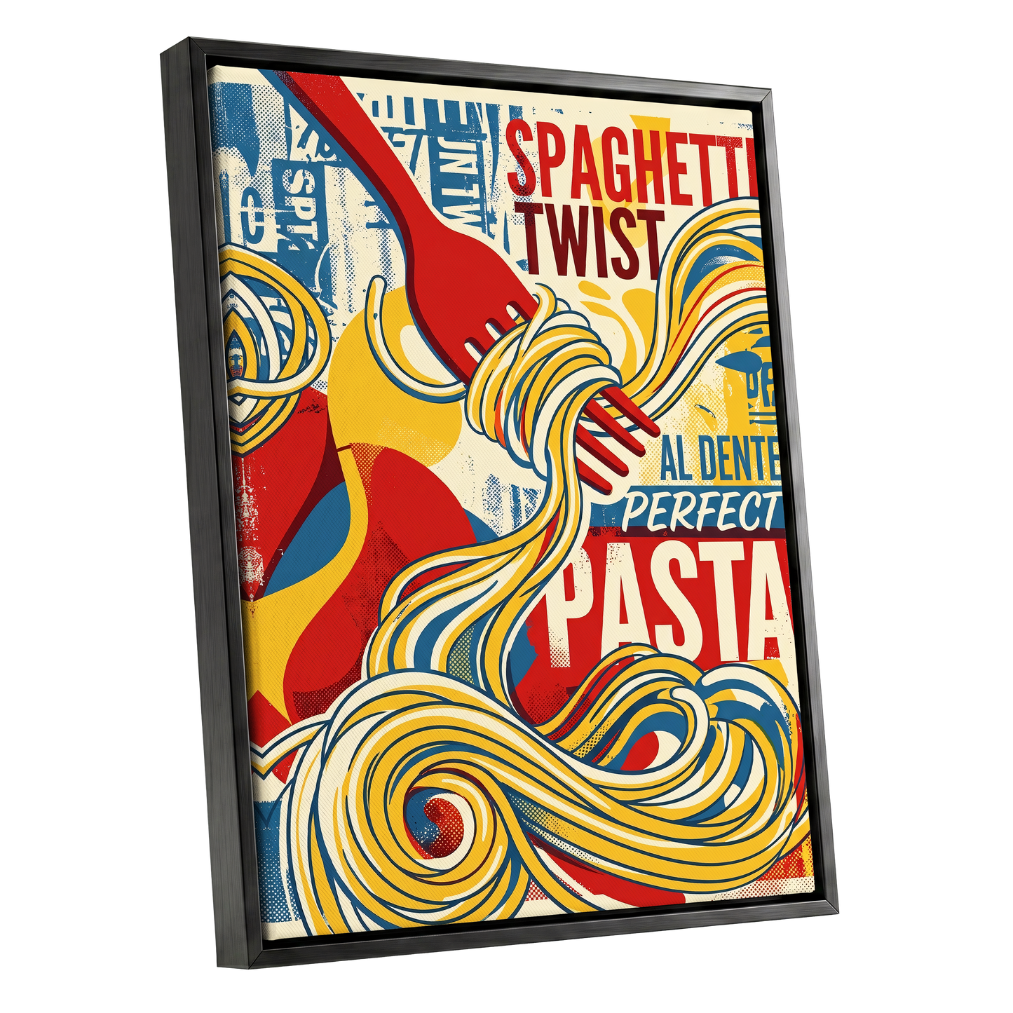 Retro Pasta Twirl, yellow, red, blue abstract wall art shown as a black framed canvas wall art
