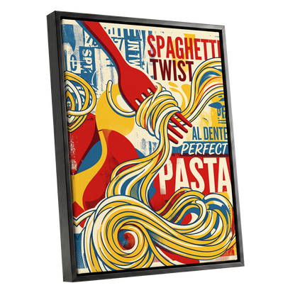 Retro Pasta Twirl, yellow, red, blue abstract wall art shown as a black framed canvas wall art