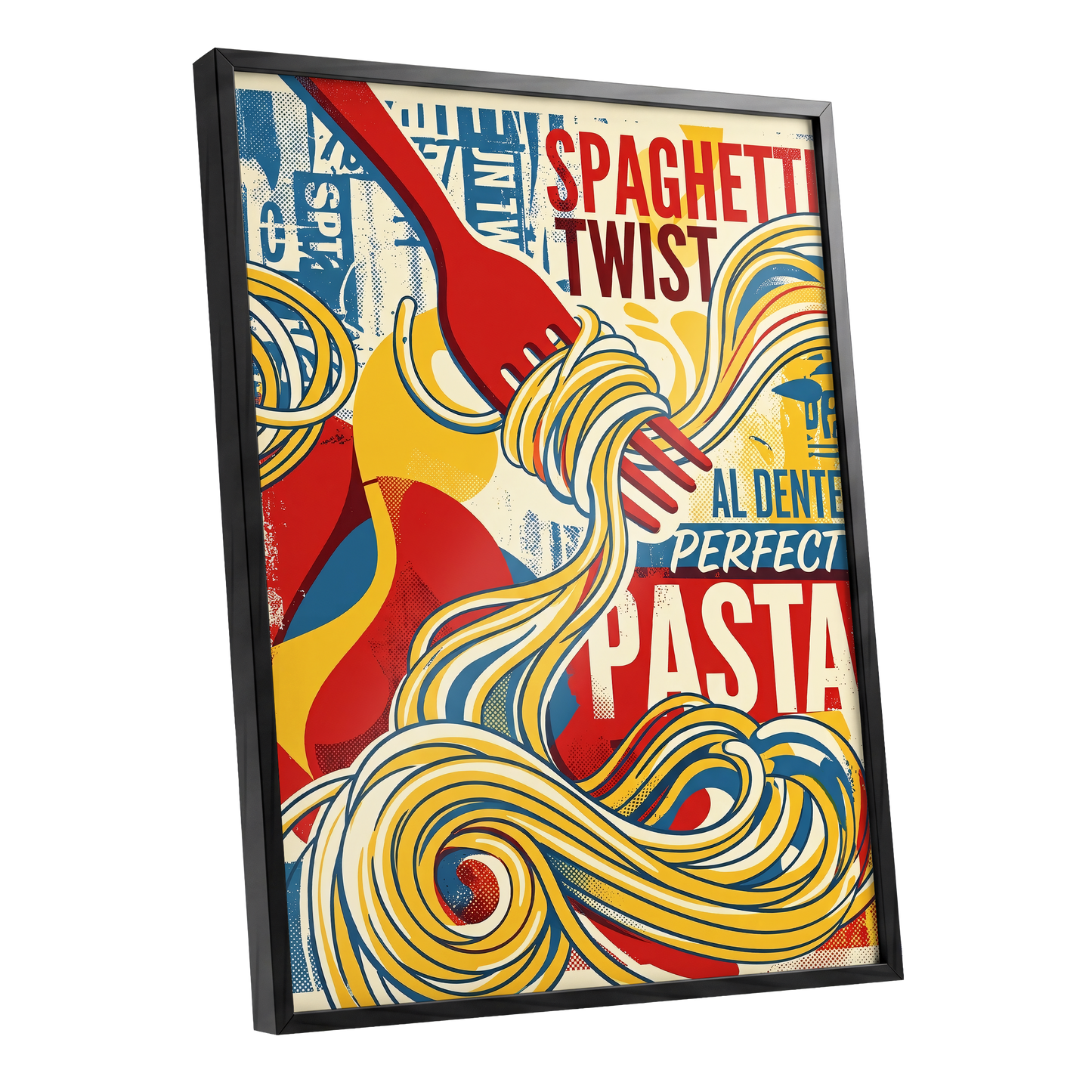 Retro Pasta Twirl, yellow, red, blue abstract wall art shown as a black framed poster wall art print