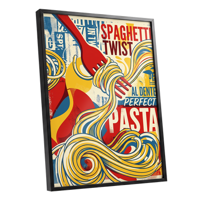 Retro Pasta Twirl, yellow, red, blue abstract wall art shown as a black framed poster wall art print