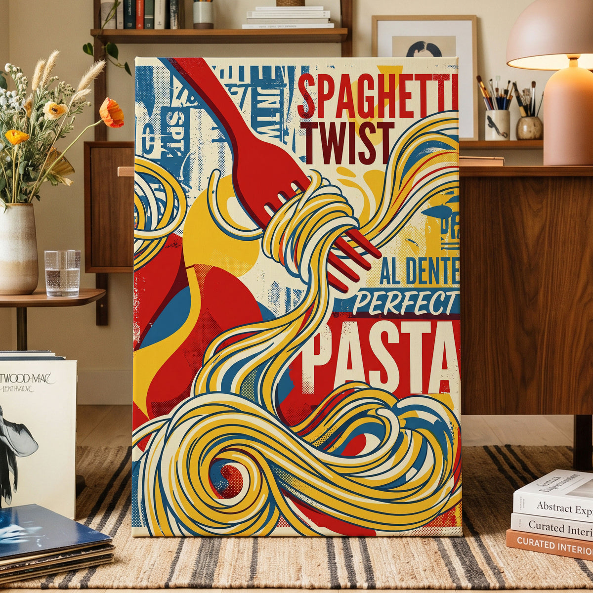 Retro Pasta Twirl, yellow, red, blue abstract wall art on canvas displayed in a styled interior, gallery view 1