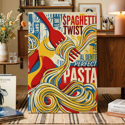 Retro Pasta Twirl, yellow, red, blue abstract wall art on canvas displayed in a styled interior, gallery view 1
