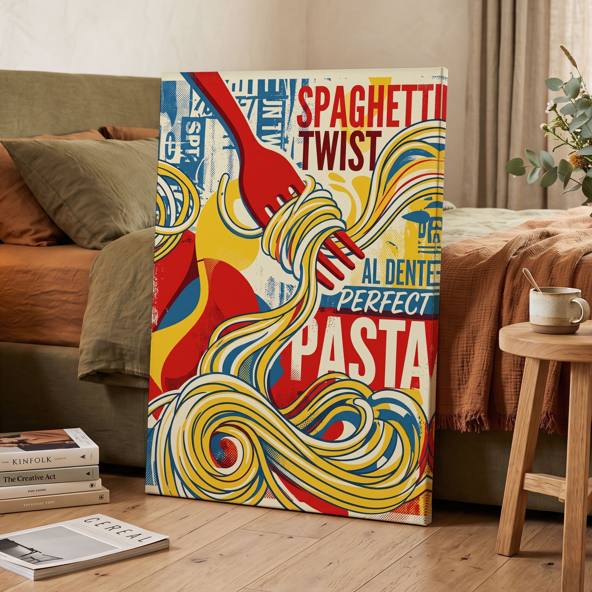 Retro Pasta Twirl, yellow, red, blue abstract wall art on canvas displayed in a styled interior, gallery view 2