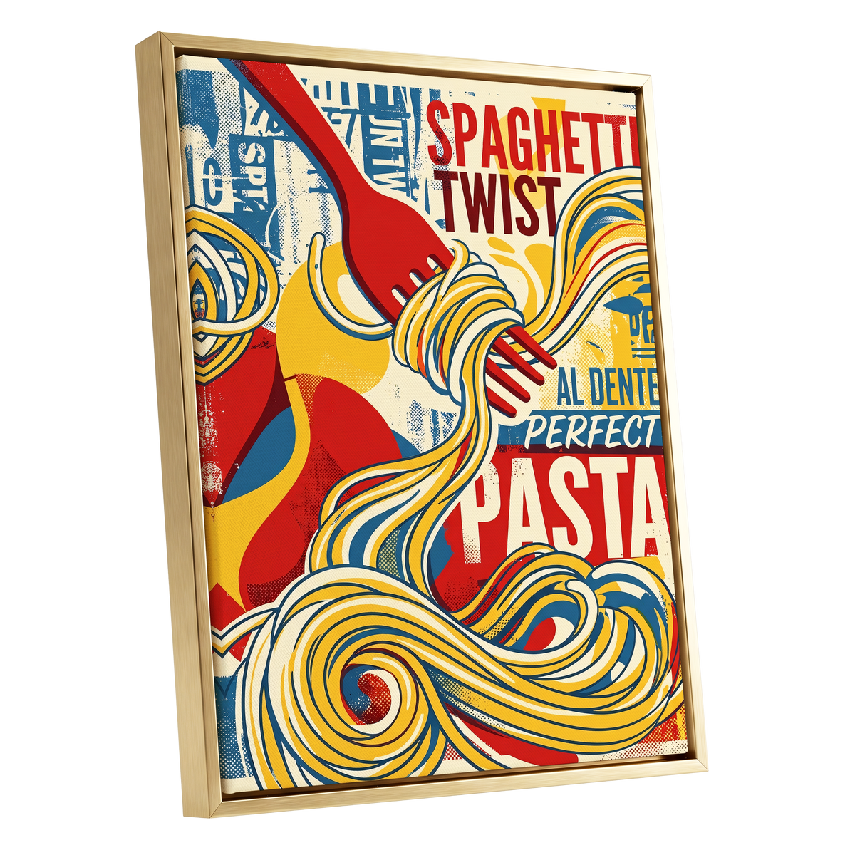 Retro Pasta Twirl, yellow, red, blue abstract wall art shown as a gold framed canvas wall art