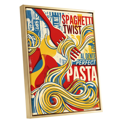 Retro Pasta Twirl, yellow, red, blue abstract wall art shown as a gold framed canvas wall art