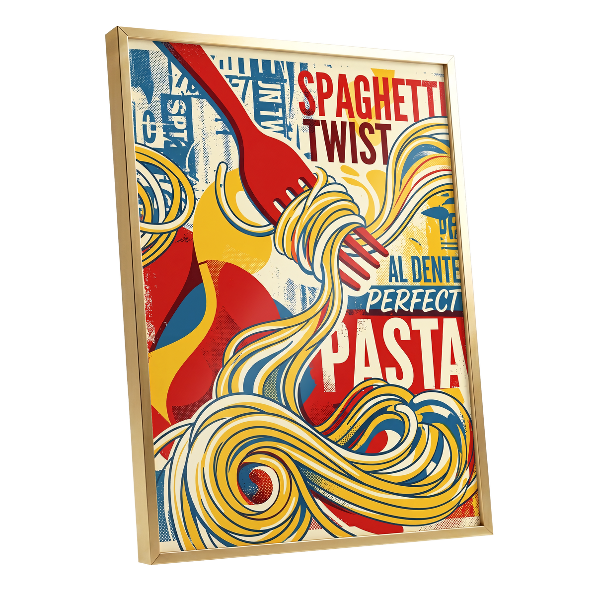 Retro Pasta Twirl, yellow, red, blue abstract wall art shown as a gold framed poster wall art print