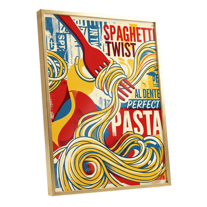 Retro Pasta Twirl, yellow, red, blue abstract wall art shown as a gold framed poster wall art print