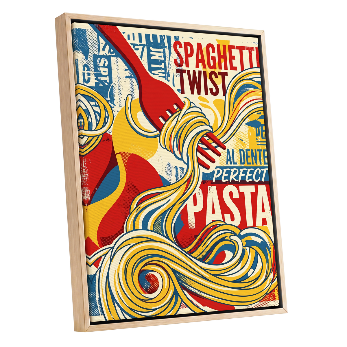 Retro Pasta Twirl, yellow, red, blue abstract wall art shown as a oak framed canvas wall art