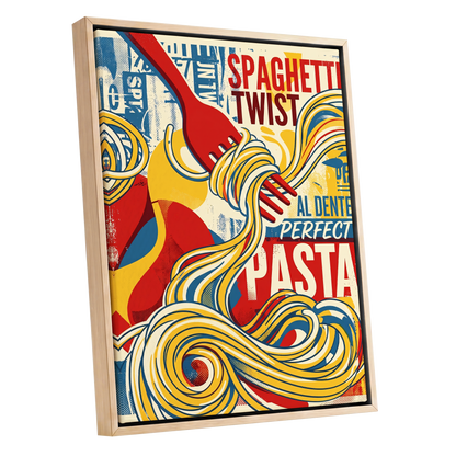 Retro Pasta Twirl, yellow, red, blue abstract wall art shown as a oak framed canvas wall art