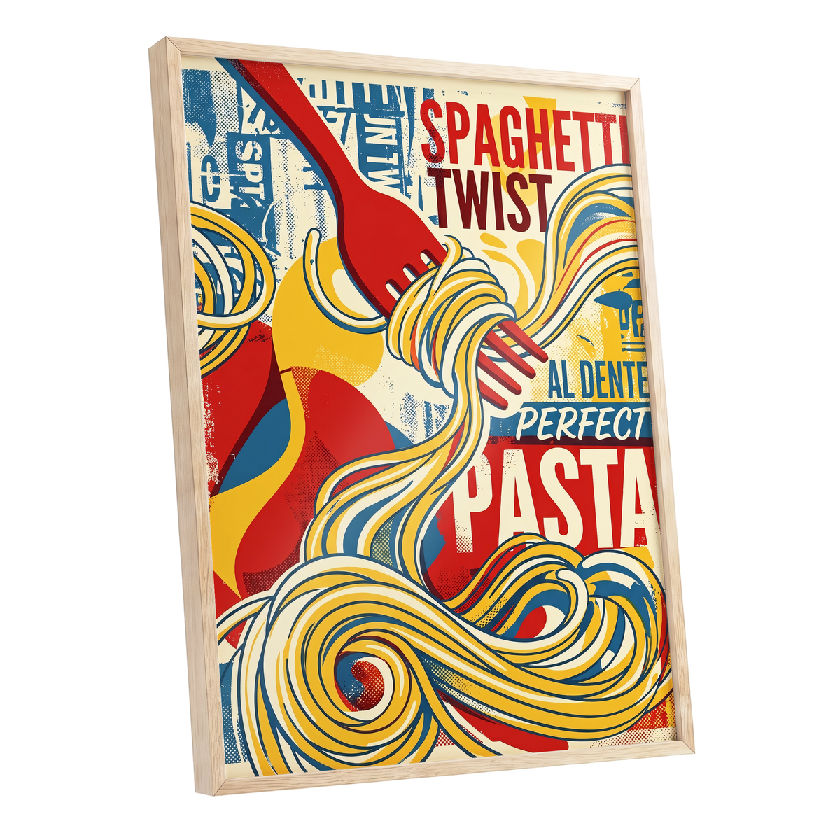 Retro Pasta Twirl, yellow, red, blue abstract wall art shown as a oak framed poster wall art print