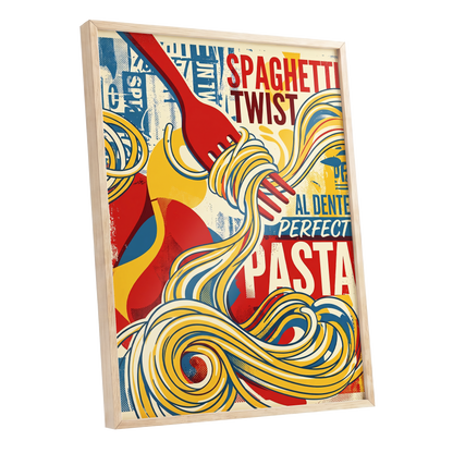 Retro Pasta Twirl, yellow, red, blue abstract wall art shown as a oak framed poster wall art print