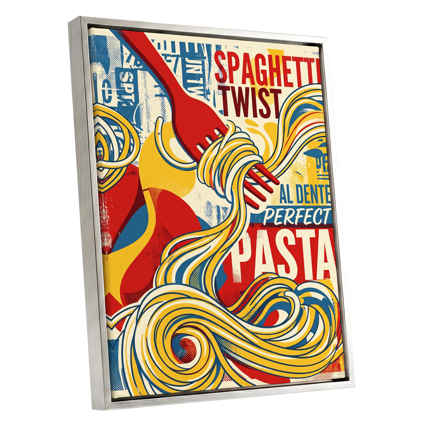 Retro Pasta Twirl, yellow, red, blue abstract wall art shown as a silver framed canvas wall art