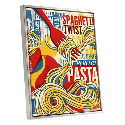 Retro Pasta Twirl, yellow, red, blue abstract wall art shown as a silver framed canvas wall art