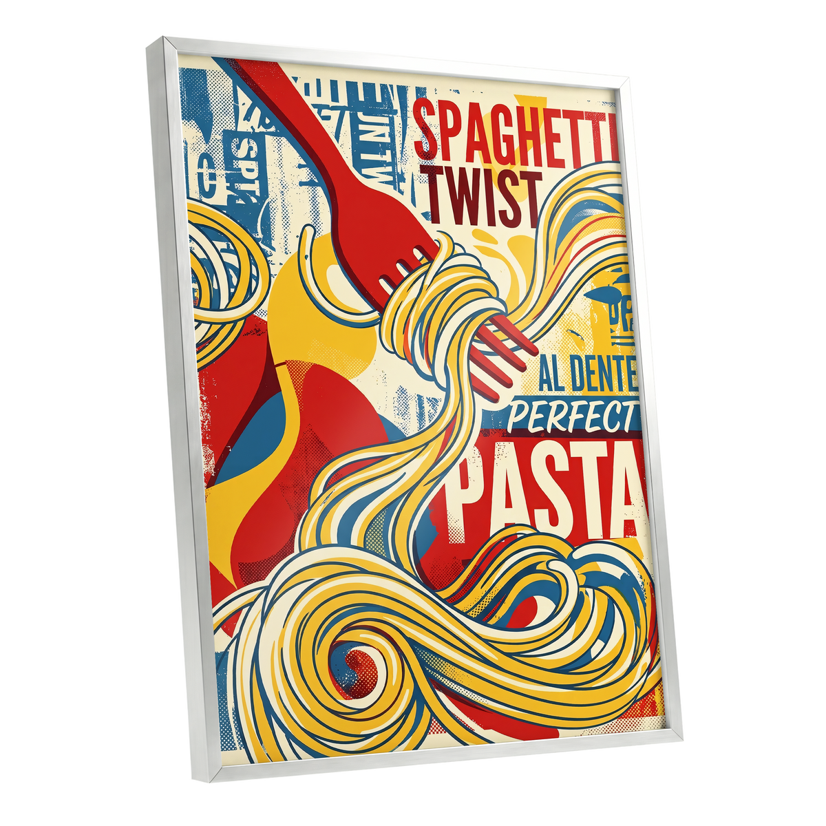Retro Pasta Twirl, yellow, red, blue abstract wall art shown as a silver framed poster wall art print