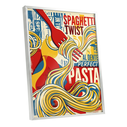 Retro Pasta Twirl, yellow, red, blue abstract wall art shown as a silver framed poster wall art print