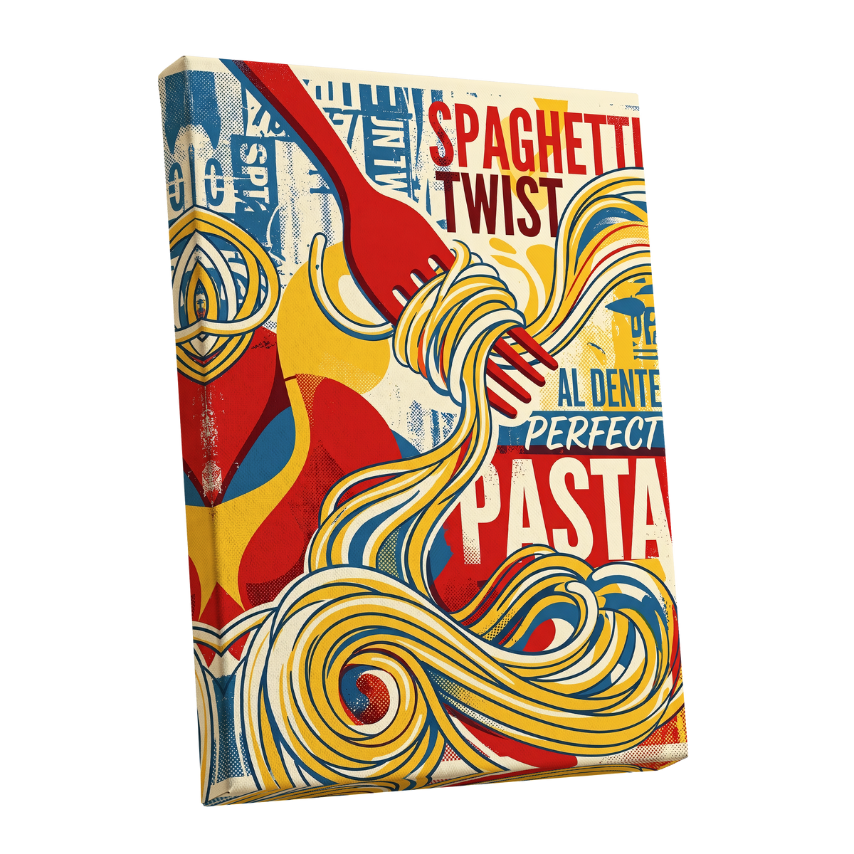 Retro Pasta Twirl, yellow, red, blue abstract wall art shown as a stretched canvas wall art