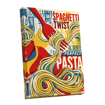 Retro Pasta Twirl, yellow, red, blue abstract wall art shown as a stretched canvas wall art