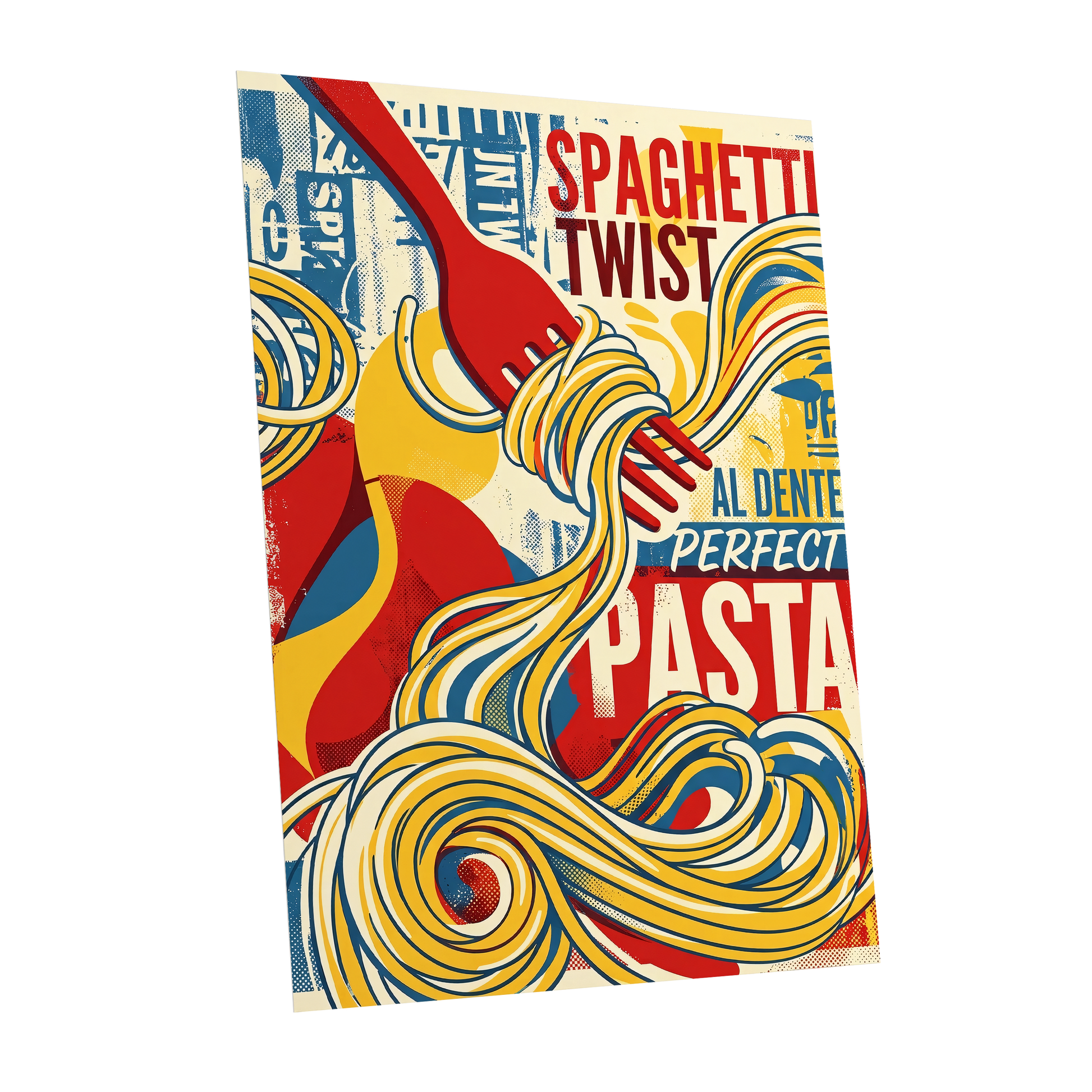 Retro Pasta Twirl, yellow, red, blue abstract wall art shown as a unframed poster wall art print