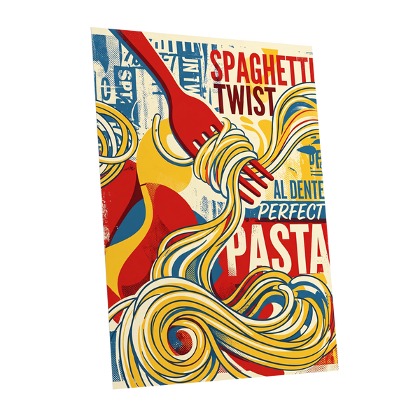 Retro Pasta Twirl, yellow, red, blue abstract wall art shown as a unframed poster wall art print