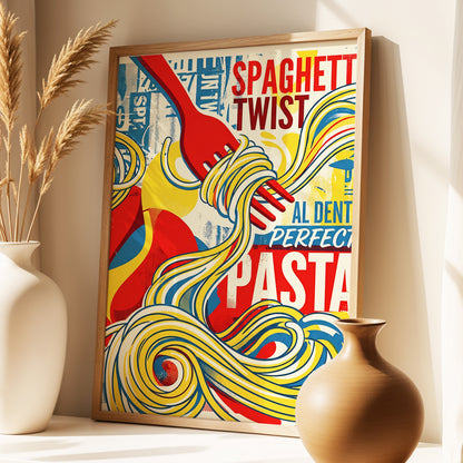 Retro Pasta Twirl, yellow, red, blue abstract wall art displayed in a styled interior, gallery view 1