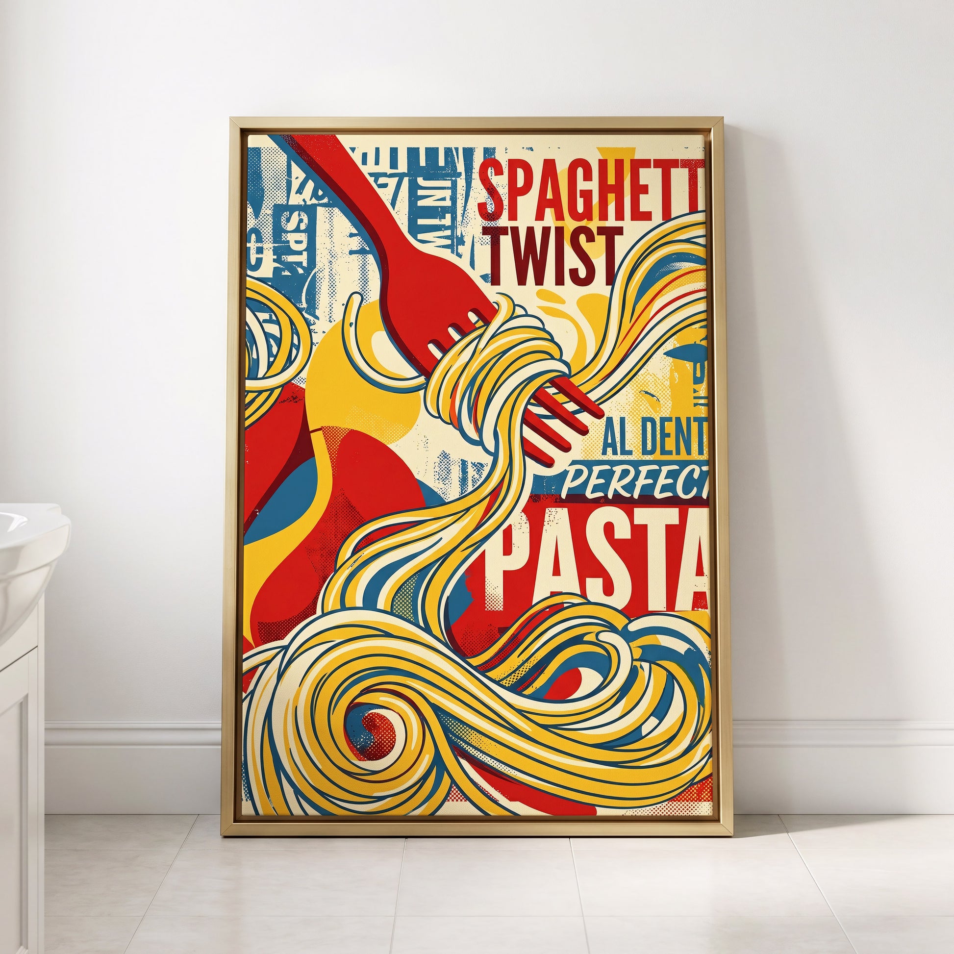 Retro Pasta Twirl, yellow, red, blue abstract wall art displayed in a styled interior, gallery view 2