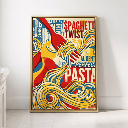 Retro Pasta Twirl, yellow, red, blue abstract wall art displayed in a styled interior, gallery view 2