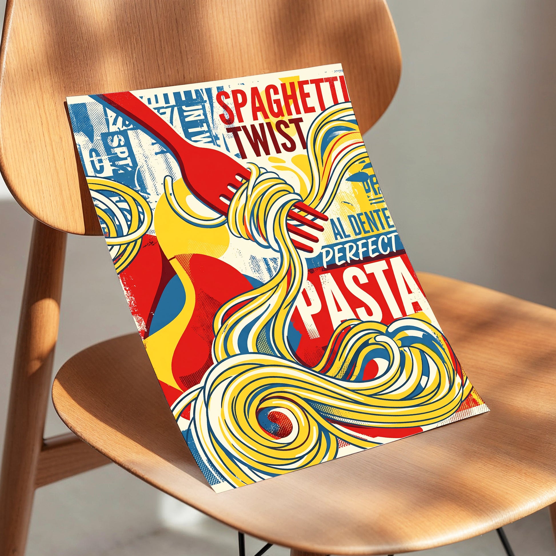 Retro Pasta Twirl, yellow, red, blue abstract wall art displayed in a styled interior, gallery view 3