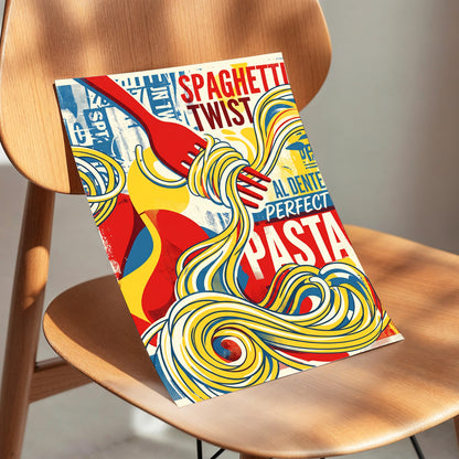 Retro Pasta Twirl, yellow, red, blue abstract wall art displayed in a styled interior, gallery view 3