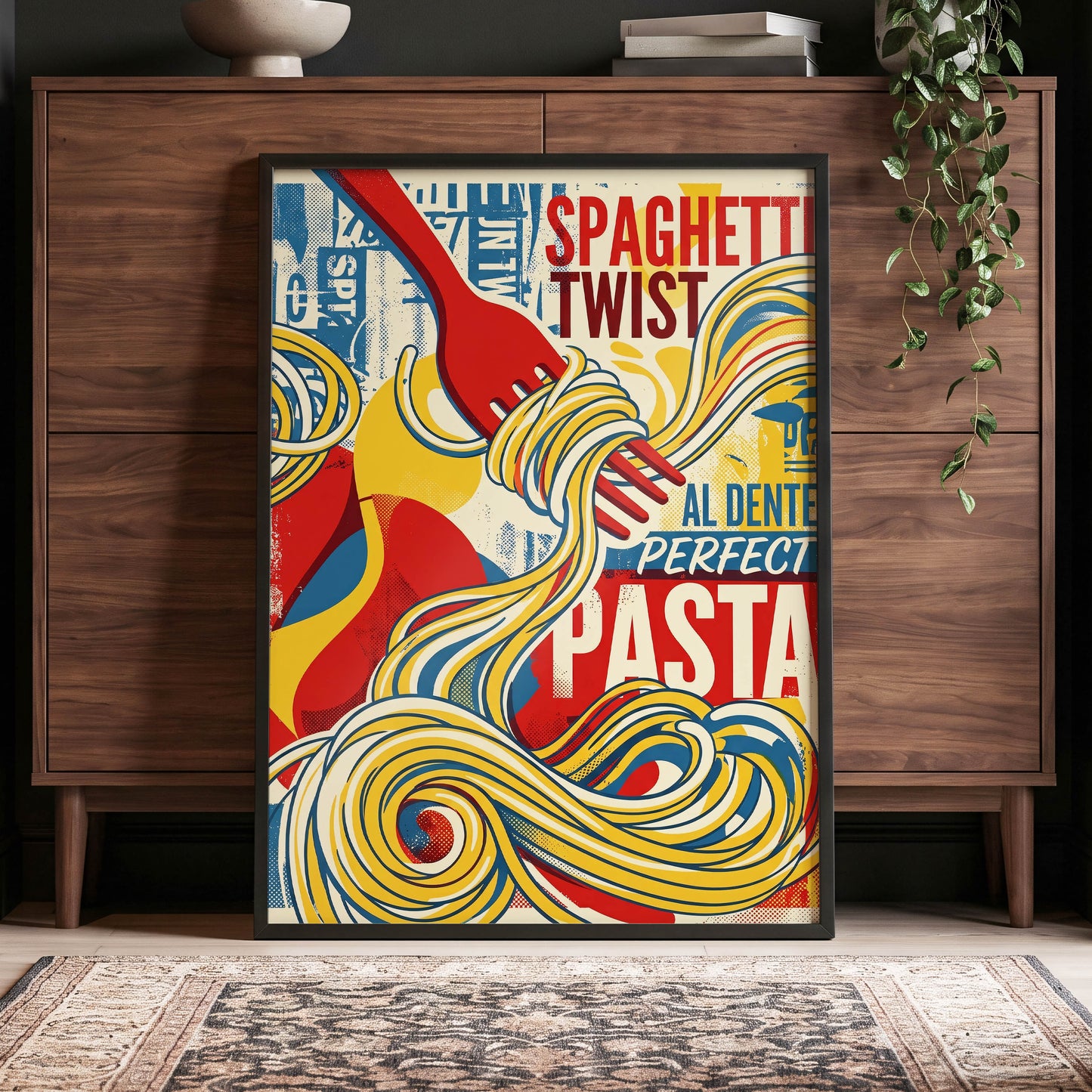 Retro Pasta Twirl, yellow, red, blue abstract wall art displayed in a styled interior, gallery view 4