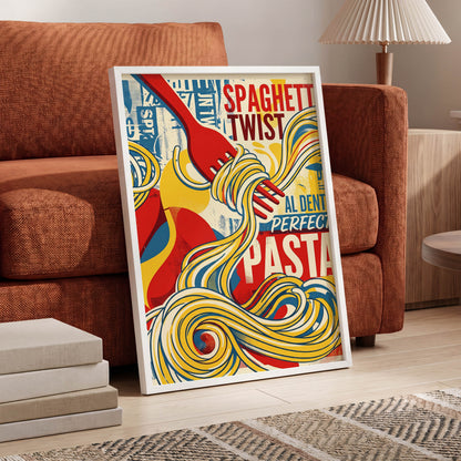 Retro Pasta Twirl, yellow, red, blue abstract wall art displayed in a styled interior, gallery view 5