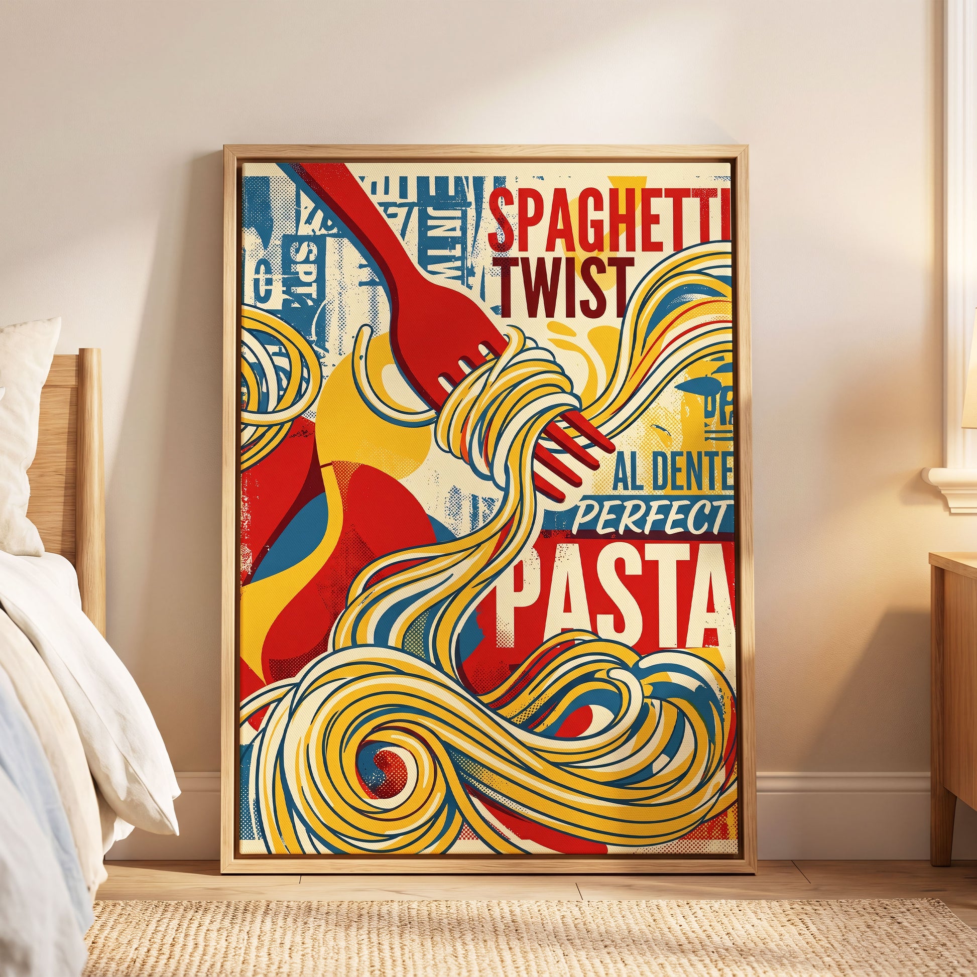 Retro Pasta Twirl, yellow, red, blue abstract wall art displayed in a styled interior, gallery view 6