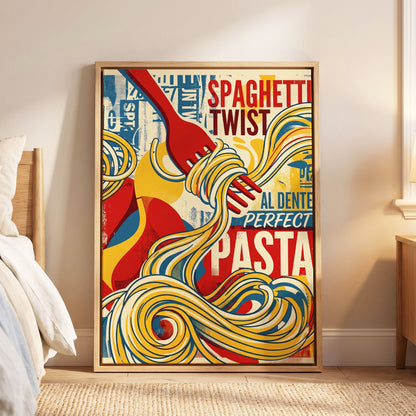 Retro Pasta Twirl, yellow, red, blue abstract wall art displayed in a styled interior, gallery view 6
