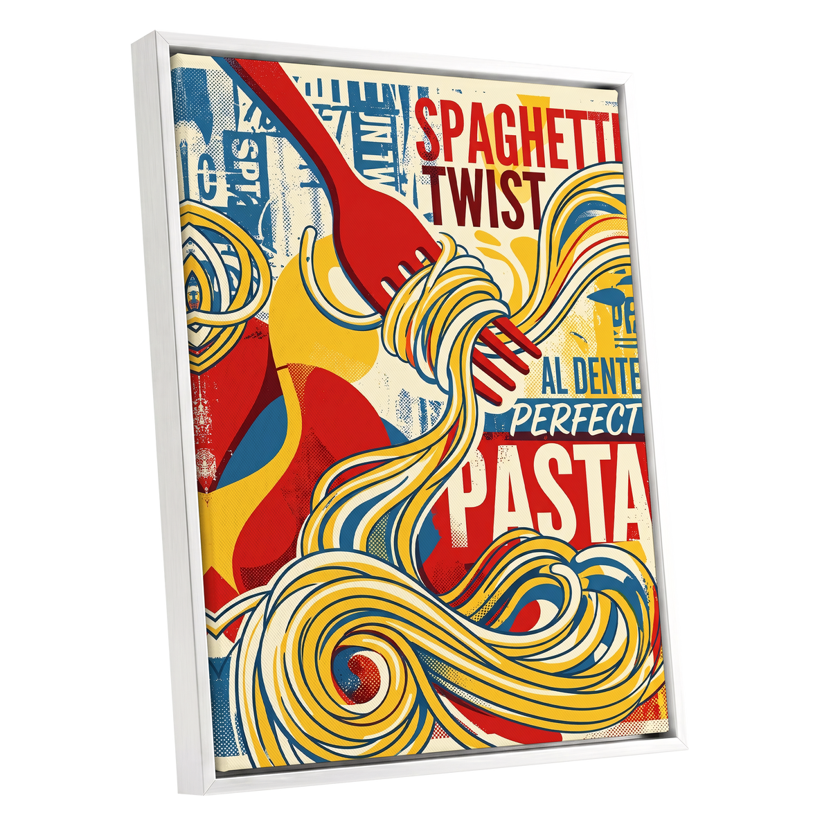 Retro Pasta Twirl, yellow, red, blue abstract wall art shown as a white framed canvas wall art