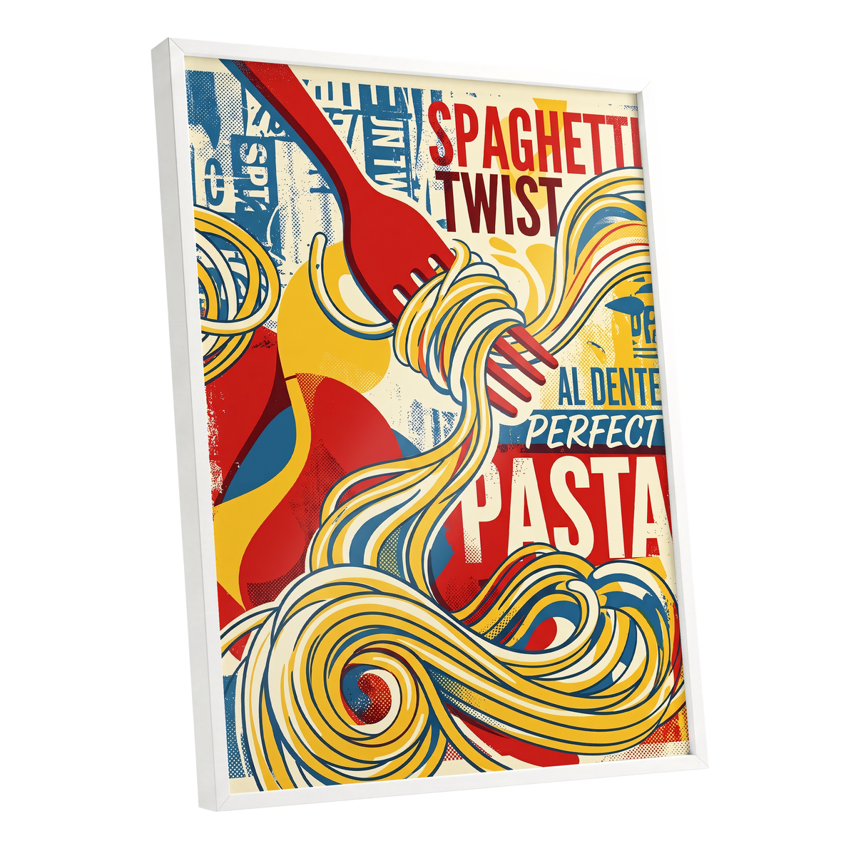Retro Pasta Twirl, yellow, red, blue abstract wall art shown as a white framed poster wall art print
