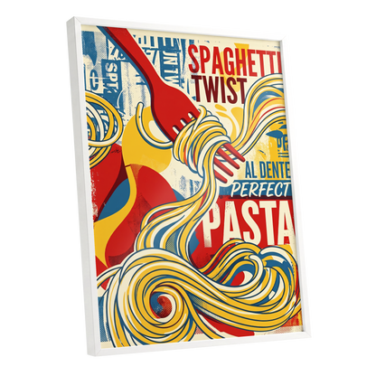 Retro Pasta Twirl, yellow, red, blue abstract wall art shown as a white framed poster wall art print
