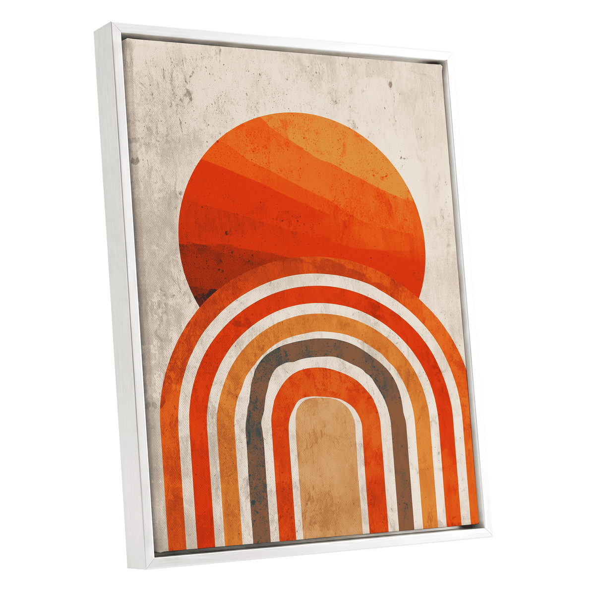 Retro Sunset Arches: a framed abstract art print featuring a large orange sun and layered rainbow arches on a textured beige background, shown at an angle with a white frame against a white background.